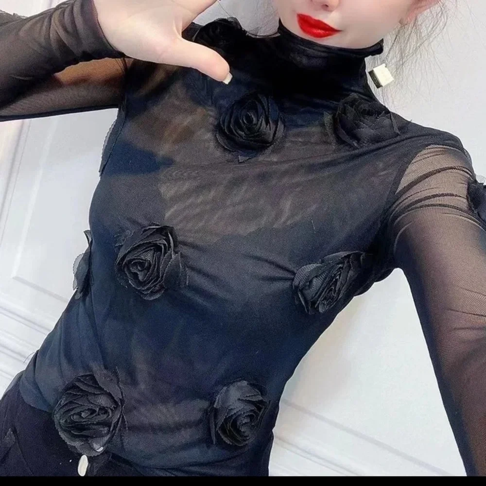 🎉New 24’Spring Summer 3-D Pink Solid Flower Stretch Mesh Turtleneck Top - Picture 5 of 10